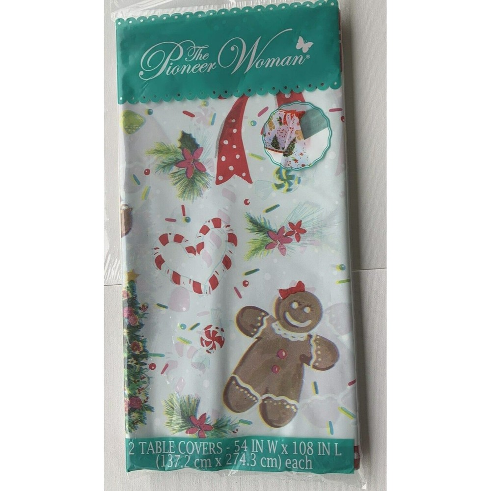 2 The Pioneer Woman Gingerbread Man Plastic Table Covers 54x108 Red Polka Teal - Picture 9 of 14